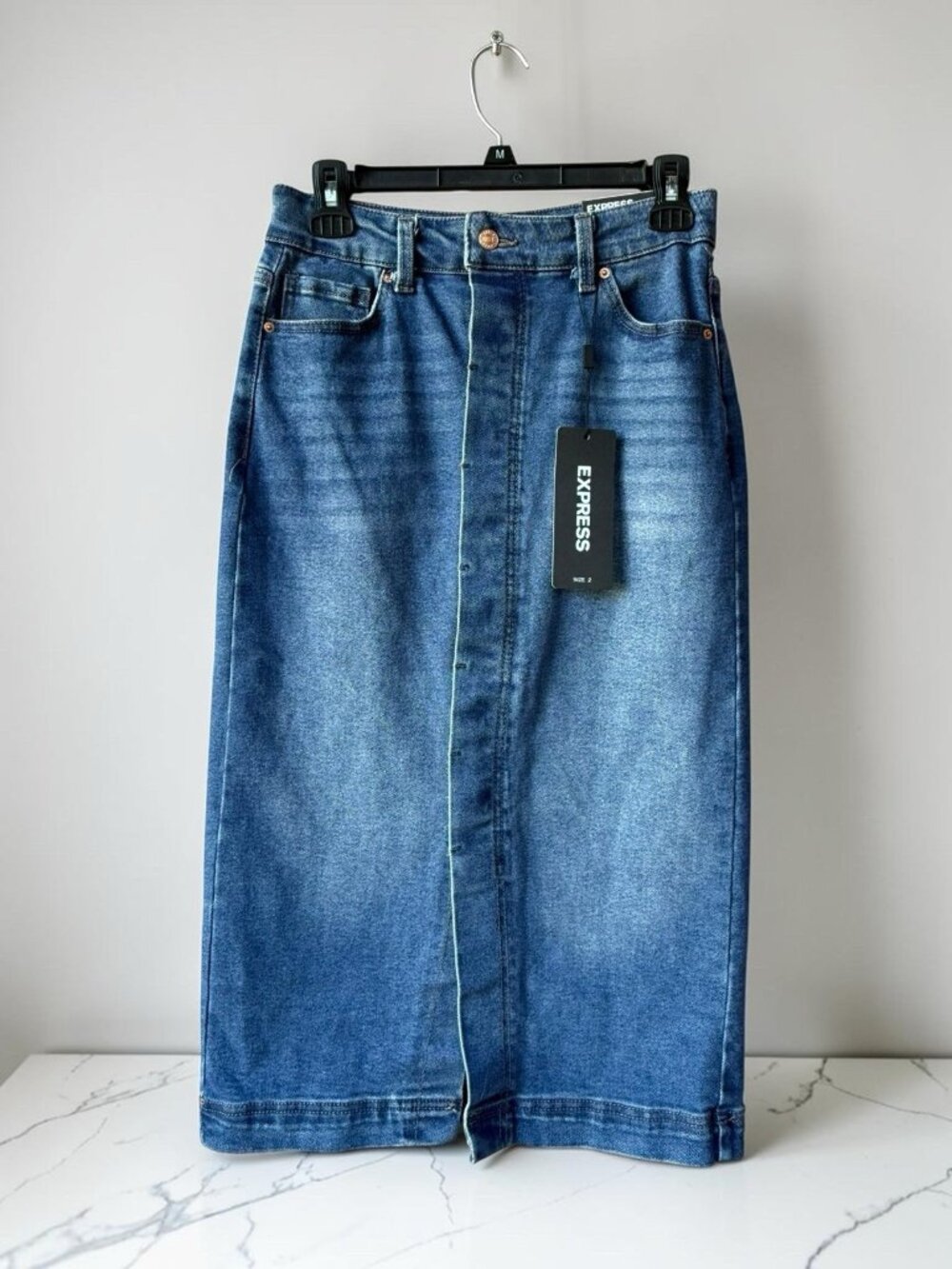 Express Women’s Size 2 Denim Midi Skirt Button Front Blue Jean Skirt NWT